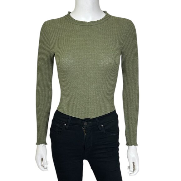 Forever 21 Waffle Knit Long Sleeve Bodysuit in Olive - sz Small - Picture 1 of 6